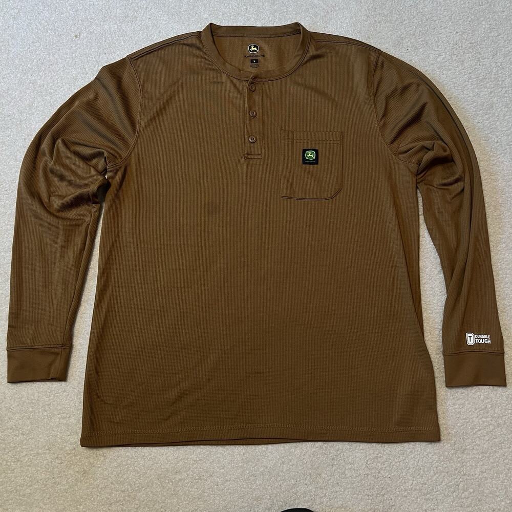 John Deere Durable Tough Thermal Waffle Knit Henley Shirt Brown Mens Large